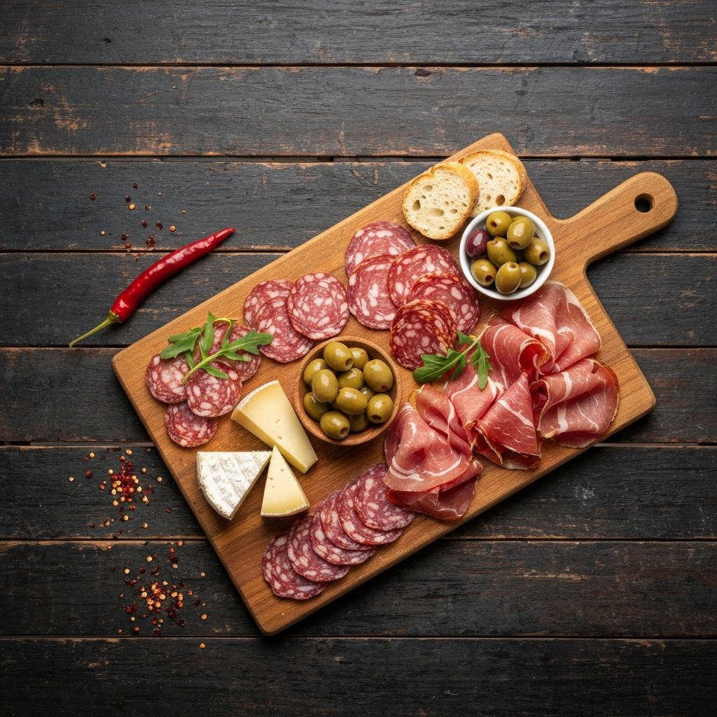 Antipasto artigianale su tavola in legno